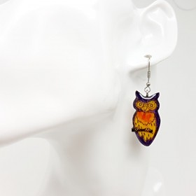 Boucles d'oreilles originales forme chouette violet à orangé modèle unique signé aspect émail