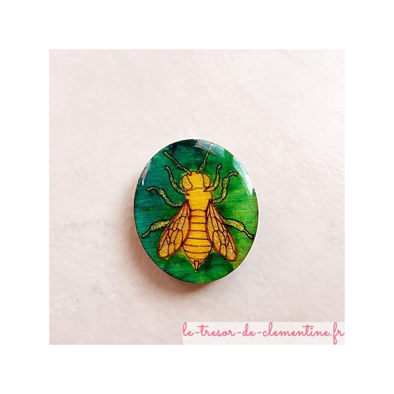 Magnet de collection abeille tons vert et or, en bois, couleurs profondes aspect émail Cadeau utile pour petits et grands