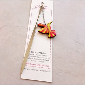 Ouvre-lettre Marque-page Coupe-papier décor colibri rose et anis, décor métal couleur argent