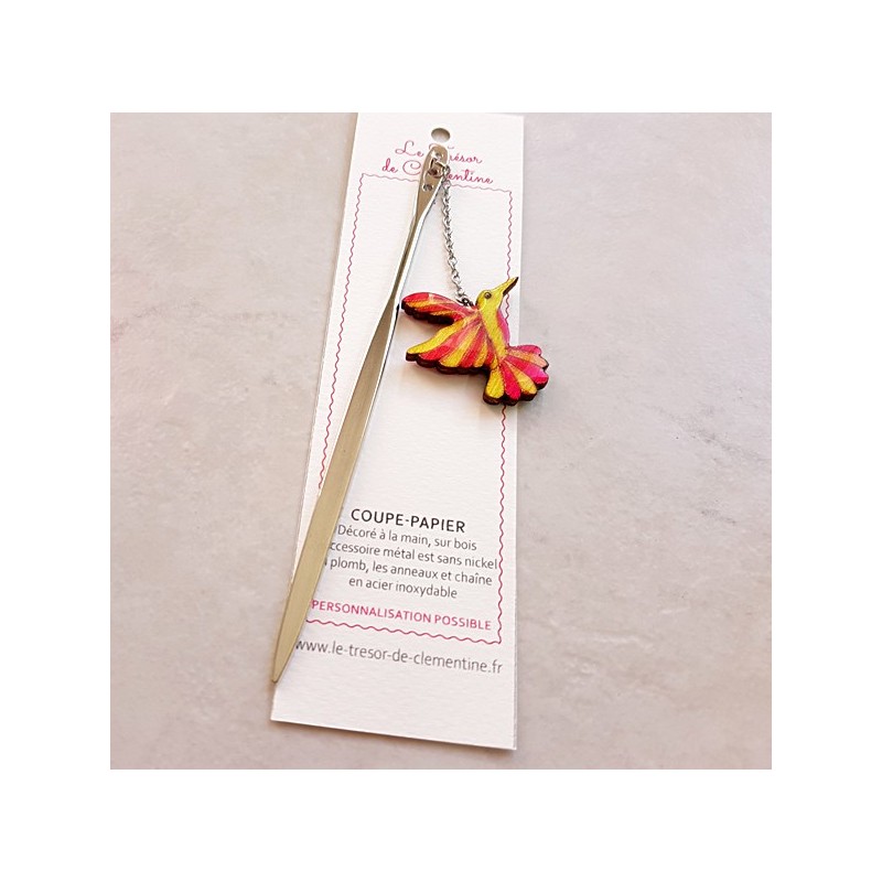 Ouvre-lettre Marque-page Coupe-papier décor colibri rose et anis, décor métal couleur argent Ouvre-lettre Marque-page Coupe-papier décor colibri rose et anis, décor métal couleur argent