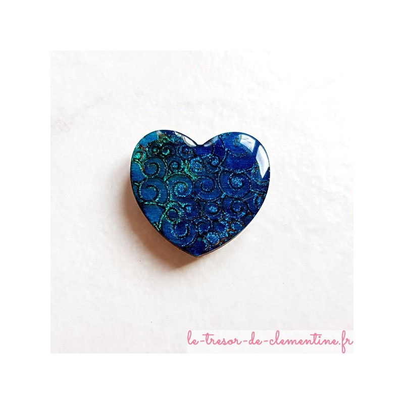 Offrez un magnet de collection en forme de coeur baroque tons nuancés de turquoise en bois, couleurs profondes aspect émail