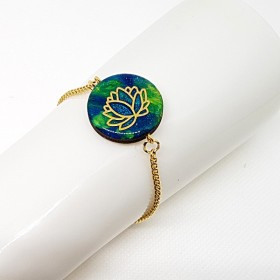 Bracelet artisanal pour femme décor nénuphar turquoise et or Elégant avec des couleurs profondes à l'aspect d'émail