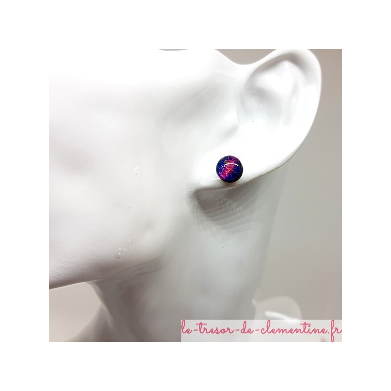 Petit bouton d'oreille puce oreille Bleu et rose pailleté aspect émail