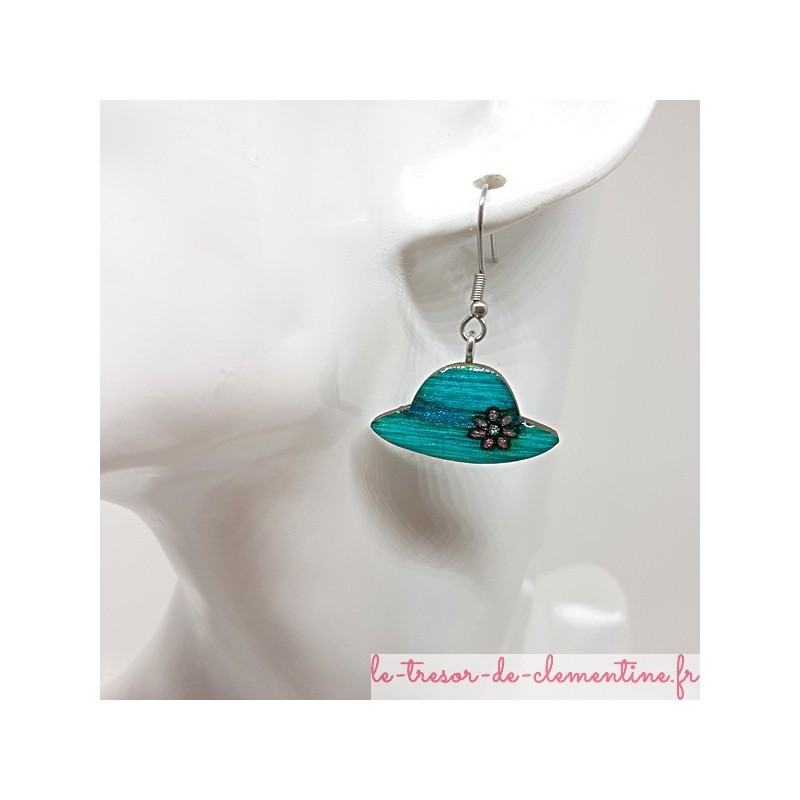 Boucle d'oreille artisanale petit chapeau turquoise et argent