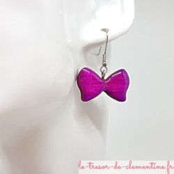 Boucle d'oreille bijou femme noeud papillon violet et léger pailleté