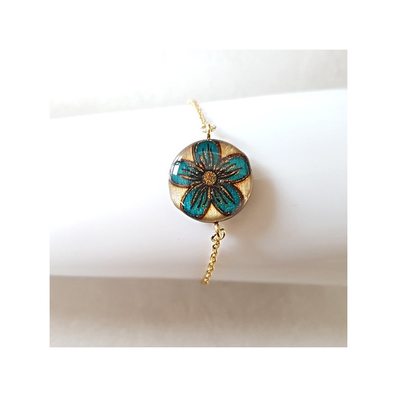 Bracelet femme fleur turquoise pailleté bronze chaîne dorée Bracelet femme fleur turquoise pailleté bronze chaîne dorée