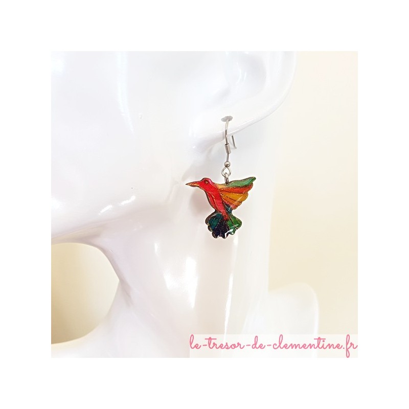 Boucles d'oreilles fantaisie pendantes oiseau colibri décor fait main