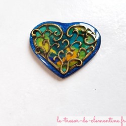 Broche vintage coeur camaïeux de bleu à vert et bronze, artisanat d'art décor fait main