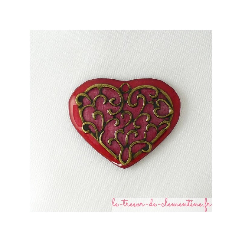 Broche vintage coeur rose et bronze artisanat  fait main