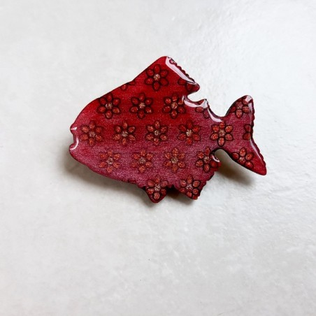 Broche artisanale poisson rose et fleurs