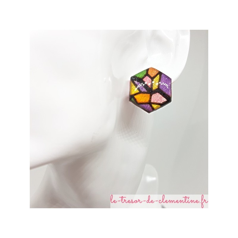 Bouton d'oreille boucle oreille femme vitrail multicolore irisé chic