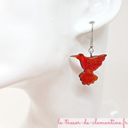 Boucles d'oreilles femme pendantes avec oiseau colibri rouge et doré