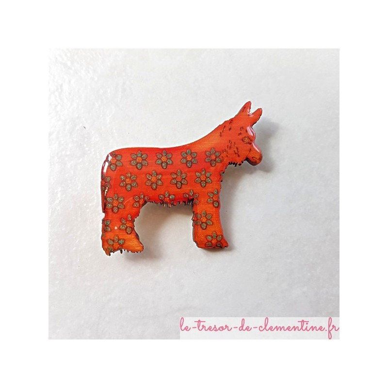 Broche artisanale décor d'un âne Baudet du Poitou orange fait main