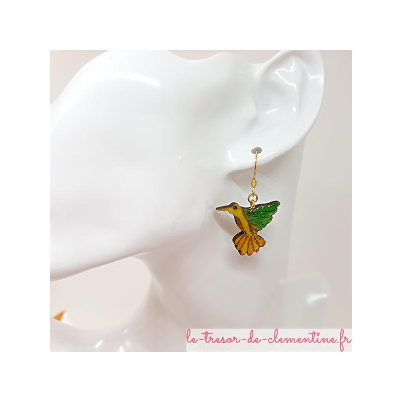 Boucles d'oreilles fantaisie colibri femme vert, jaune doré fait main