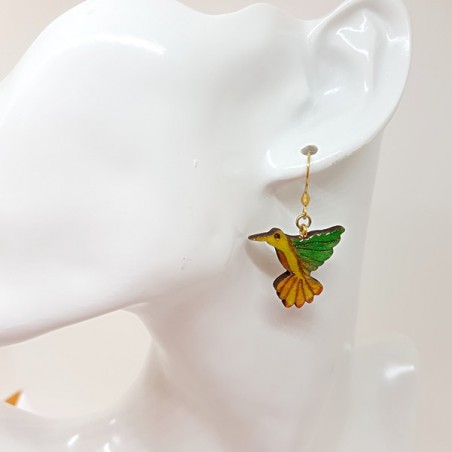 Boucles d'oreilles fantaisie colibri femme vert, jaune doré fait main