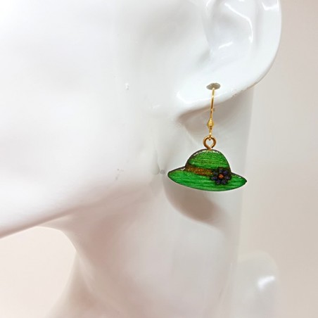 Boucle d'oreille pendante pour femme petit chapeau vert et doré