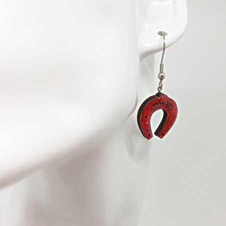 Pendant d'oreille femme fer à cheval rose/rouge argent porte bonheur