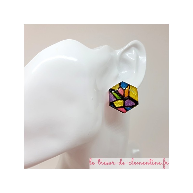 Bouton puce d'oreille femme vitrail  multicolore irisé chic forme hexagonale fait main