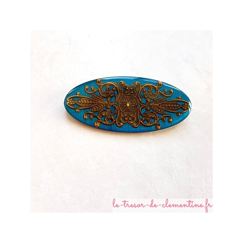 Grande Broche artisanale style incas baroque turquoise et bronze fait main