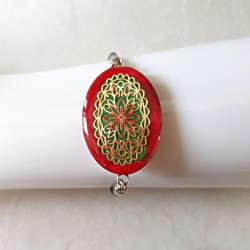 Bracelet artisanal tons rose fushia, vert amande et doré avec bracelet cuir fait main