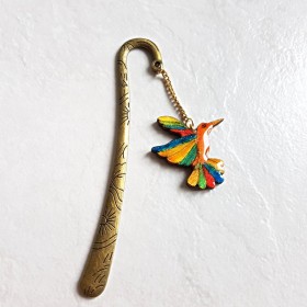 Marque-page oiseau Colibri multicolore et support bronze décor soleil, fait main cadeau utile et original