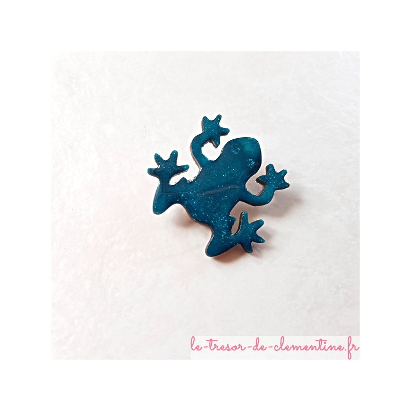 Broche artisanale grenouille turquoise et pailleté pour un cadeau plaisir fait main