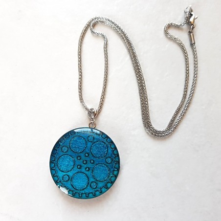 Collier artisanal femme rouage tons turquoise réversible monture argent originale en acier inoxydable face 2