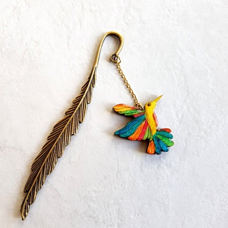 Marque-page oiseau Colibri multicolore et plume or antique fait main