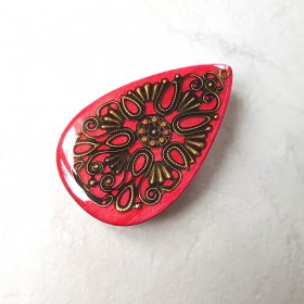 Broche originale de forme goutte de style inca rose fushia et bronze au bel aspect émail