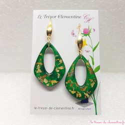 Boucle d'oreille pendante vert à doré, très chic, ovale, oblongue, pailleté or