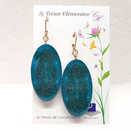 Dormeuse, boucle d'oreille fantaisie style médiéval, turquoise et or