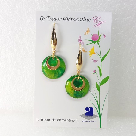 Boucle d'oreille fantaisie très chic marbré vert et doré upcycling