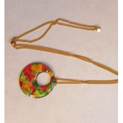 Sautoir Collier artisanal Upcycling bouquet fleuri, chaîne inox dorée, réglable par coulissant