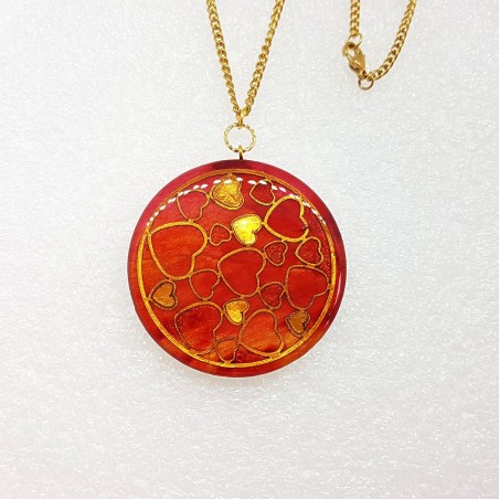 Collier sautoir artisanal rond aux tons rouge à feu avec coeurs incrustés sur chaîne en acier inoxydable évite les allergie