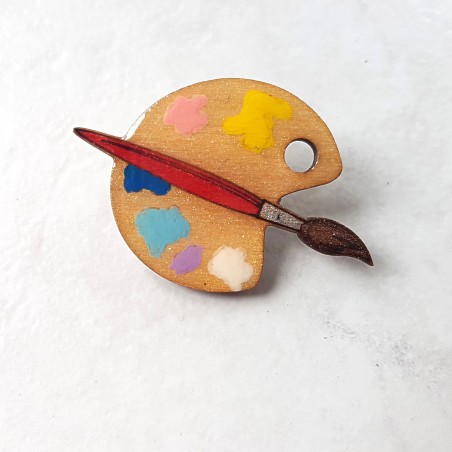 Broche en forme palette de peintre multicolore avec pinceau rouge modèle unique