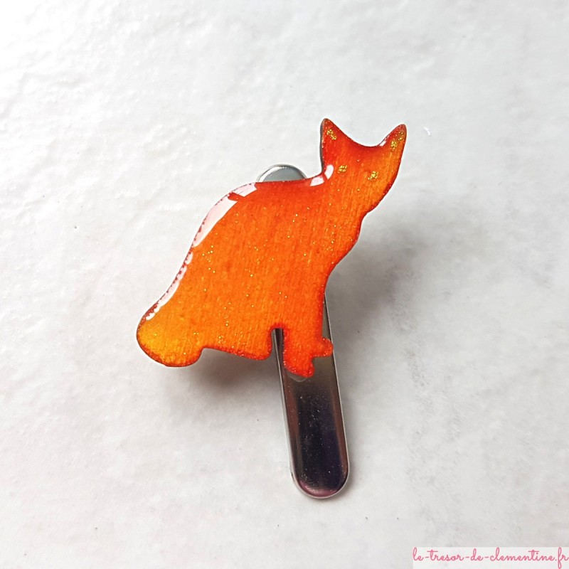 Barrette décor chat orange utilisable comme pince de col ou sac