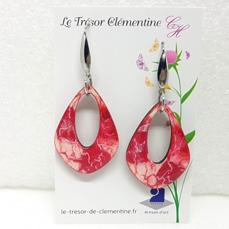 Boucle d'oreille pendante très chic rose blanc nervuré argent légère