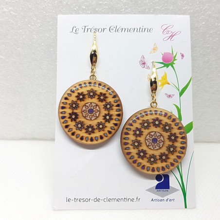 Paire de grande Boucle d'oreille type créole pendante décor fleur soleil beige à violet tout en douceur