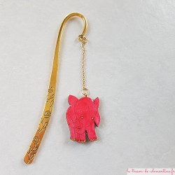 Marque page de collection éléphant rose et doré et décor or à fleurs, cadeau utile fait main