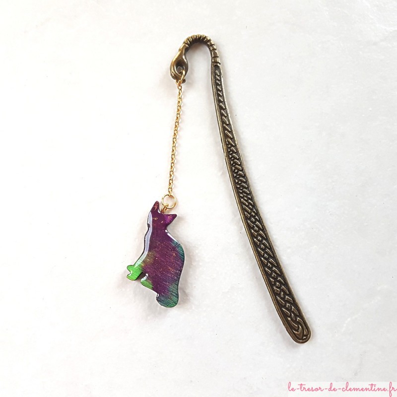 Marque page de collection avec chat violet à vert décor métal bronze, cadeau utile