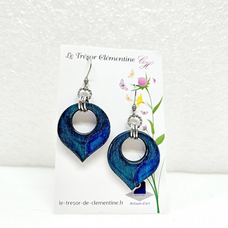 Paire de boucle d'oreille artisanale collection "les pulpeuses" camaïeu de bleu fait main avec monture acier inoxydable argent