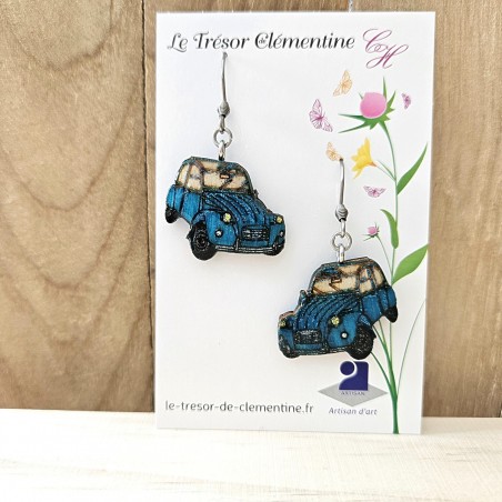 Boucle d'oreille artisanale modèle 2 cv turquoise, voiture mythique fait main, bijou de créateur et collection, très léger