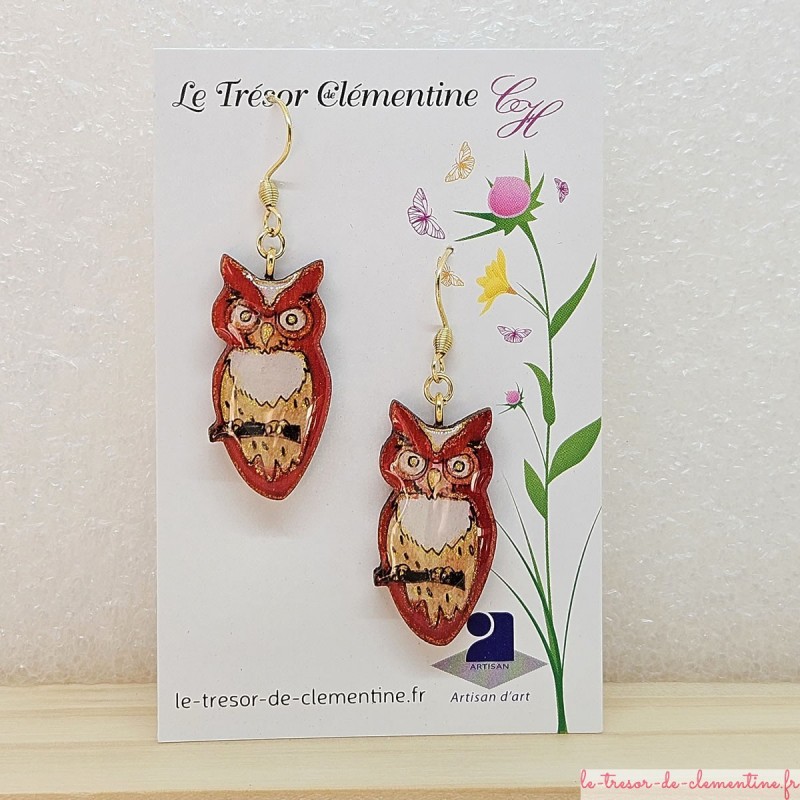 Boucles d'oreilles fantaisie femme forme chouette tons rouge à rose et blanc fait main