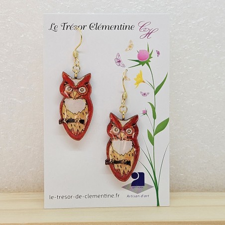 Boucles d'oreilles fantaisie femme forme chouette tons rouge à rose et blanc fait main