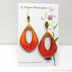 Grande boucle d'oreille pendante orange feu à doré, très chic, oblongue, pailleté or