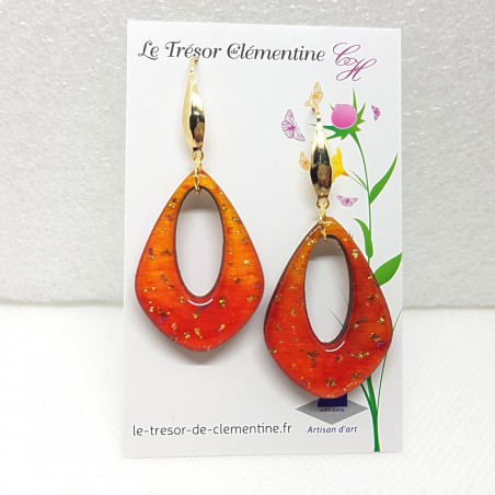 Boucle d'oreille pendante chic orange feu paillettes doré oblongue