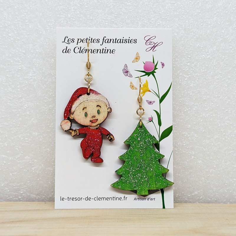 Boucle d'oreille fantaisie lutin rouge et sapin vert pailleté Noël moment festif