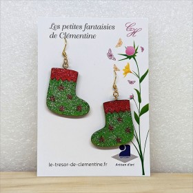 Paire de boucles d'oreilles en forme de bottes de Noël  vert et rouge pailleté, les petites fantaisie de Clémentine