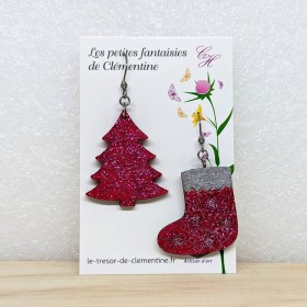 Boucles d'oreilles fantaisie sapin et botte fushia et argent pailleté, Noël festif