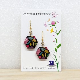 Boucles d'oreilles fantaisie femme vitrail multicolore monture dorée